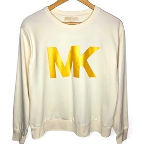 Michael Kors Metallic Gold Logo Terry Sweater Women's Cream Tone Flashy Glitzy M